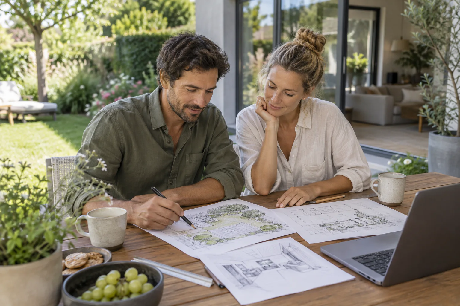 Zwei Menschen planen gemeinsam einen Garten und Wohnbereich